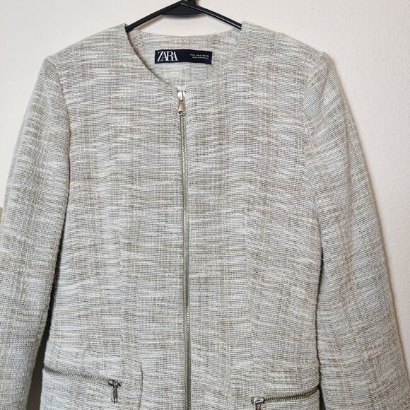 Zara Small Tweed Full Zip Longline Beige Blazer Jacket Preppy Old Money Luxury - Picture 3 of 12
